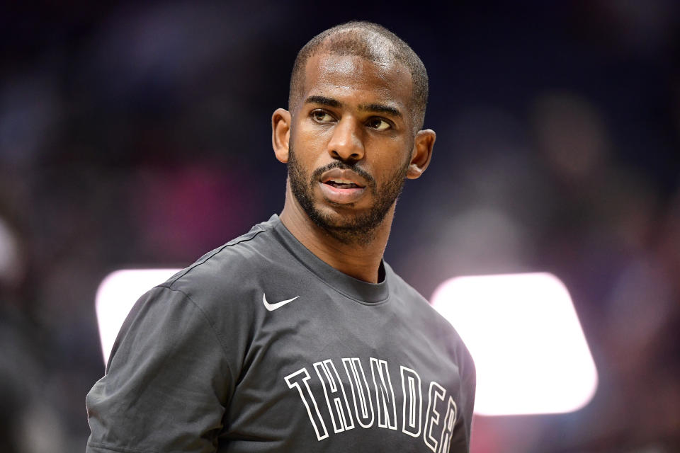 Chris Paul #3 of the Oklahoma City Thunder before their game against the Charlotte Hornets at the Spectrum Center on December 27, 2019 in Charlotte, North Carolina. NOTE TO USER: User expressly acknowledges and agrees that, by downloading and/or using this photograph, user is consenting to the terms and conditions of the Getty Images License Agreement. (Photo by Jacob Kupferman/Getty Images)