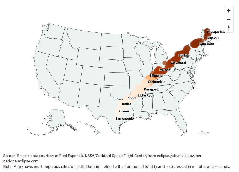 Screenshot of interactive map that shows some of the larger cities in each of the 13 states on the 2024 eclipse's path of totality and how the duration of totality will vary along the path.