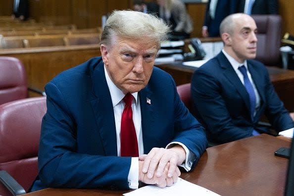 NEW YORK, NEW YORK - APRIL 15: Former U.S. President Donald Trump appears ahead of the start of jury selection at Manhattan Criminal Court on April 15, 2024 in New York City. Former President Donald Trump faces 34 felony counts of falsifying business records in the first of his criminal cases to go to trial. (Photo by Jeenah Moon-Pool/Getty Images)