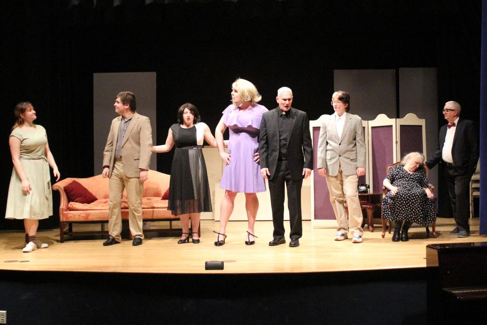 The cast of "Leading Ladies" during a recent rehearsal in Shrewsbury, From left, Mary Johnston-Medina, Alex Gardner, Michelle England, James Gillis, Jim Catapano, Theo Eisenmenger, Christine Crugnola Petruniw and George Smith.