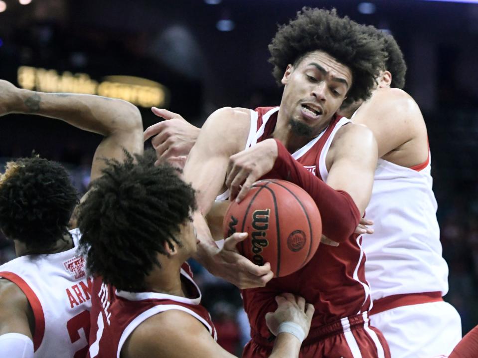 Texas Tech faces Oklahoma in the Big 12 semifinal game, Friday, March 11, 2022, at T-Mobile Center in Kansas City, Missouri. Texas Tech won, 56-55.