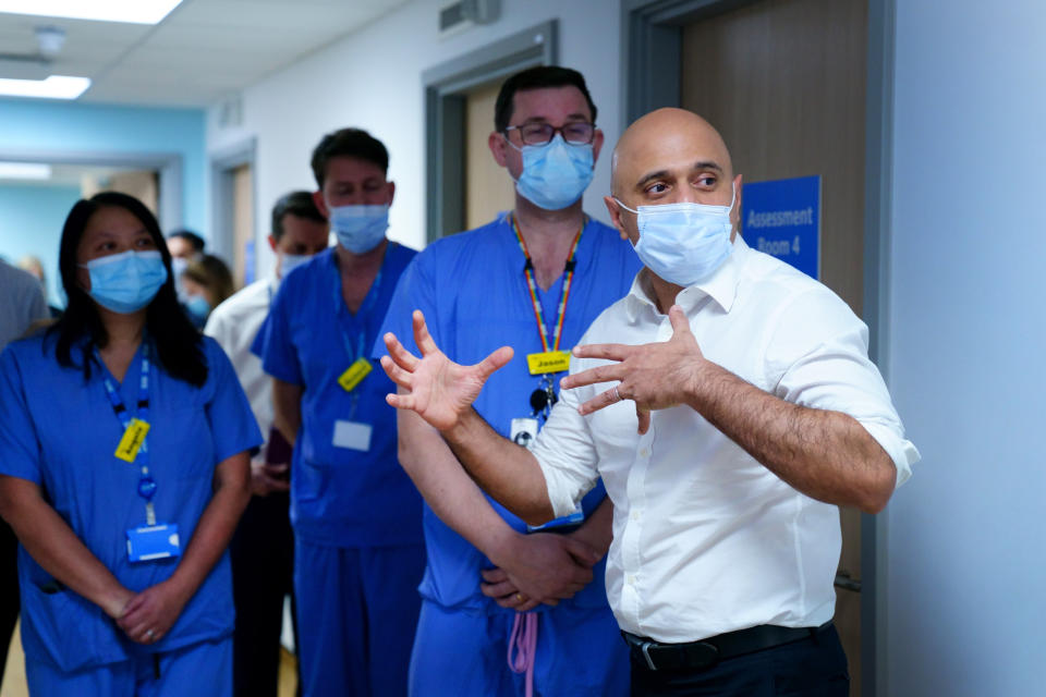 Health Secretary Sajid Javid (right) during a visit to the Mile End Diagnostics Centre, east London, as he sets out plans to tackle the huge NHS care backlog caused by the pandemic. Picture date: Tuesday February 8, 2022.