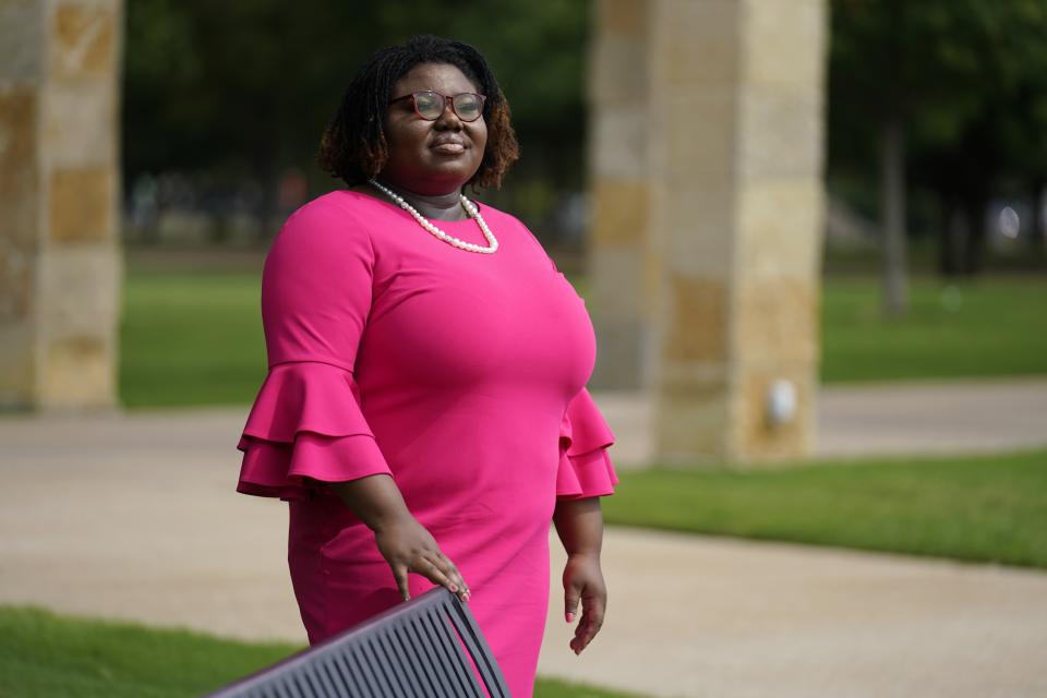 Attorney Adwoa Asante poses for a photo in Addison, Texas, on Wednesday, Aug. 24, 2022. (AP Photo/Tony Gutierrez)