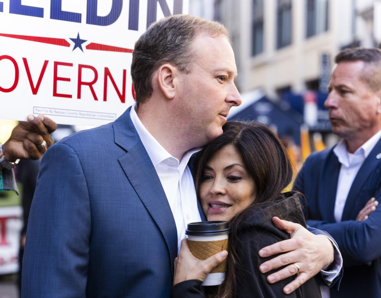 New York gubernatorial candidate Lee Zeldin (L) Diana Zeldin attend the Columbus Day Parade in Midtown on October 10, 2022 in New York City. 