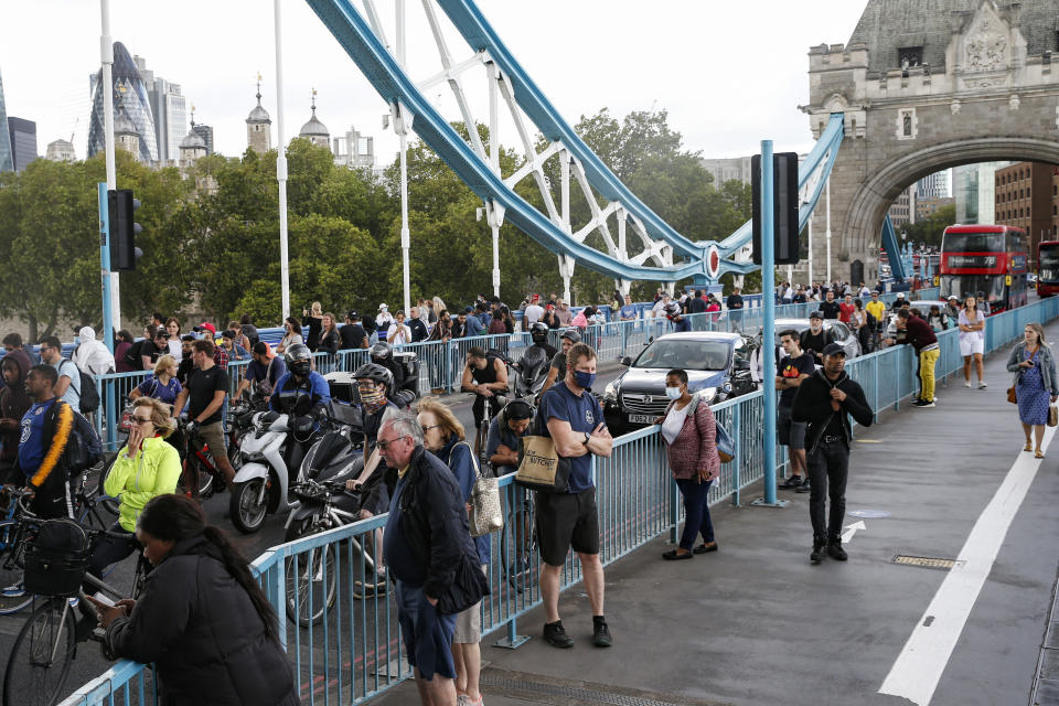 Pedestrians, Cyclists And Traffic Stuck On Tower Bridge