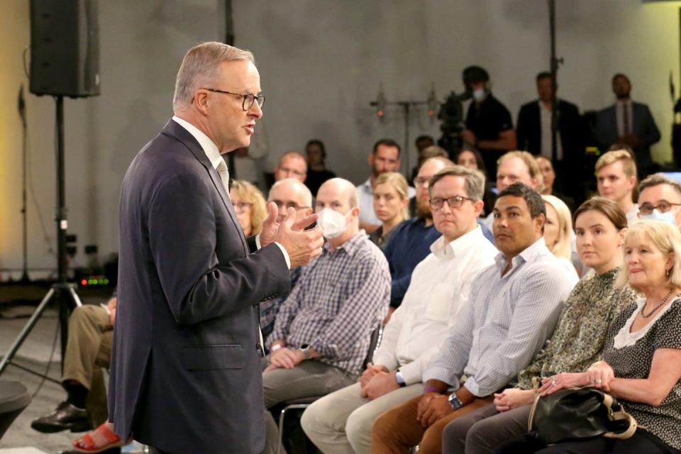 <span class="caption">This was Anthony Albanese’s first election debate as leader.</span> <span class="attribution"><span class="source">Steve Pohlner/AAP</span></span>