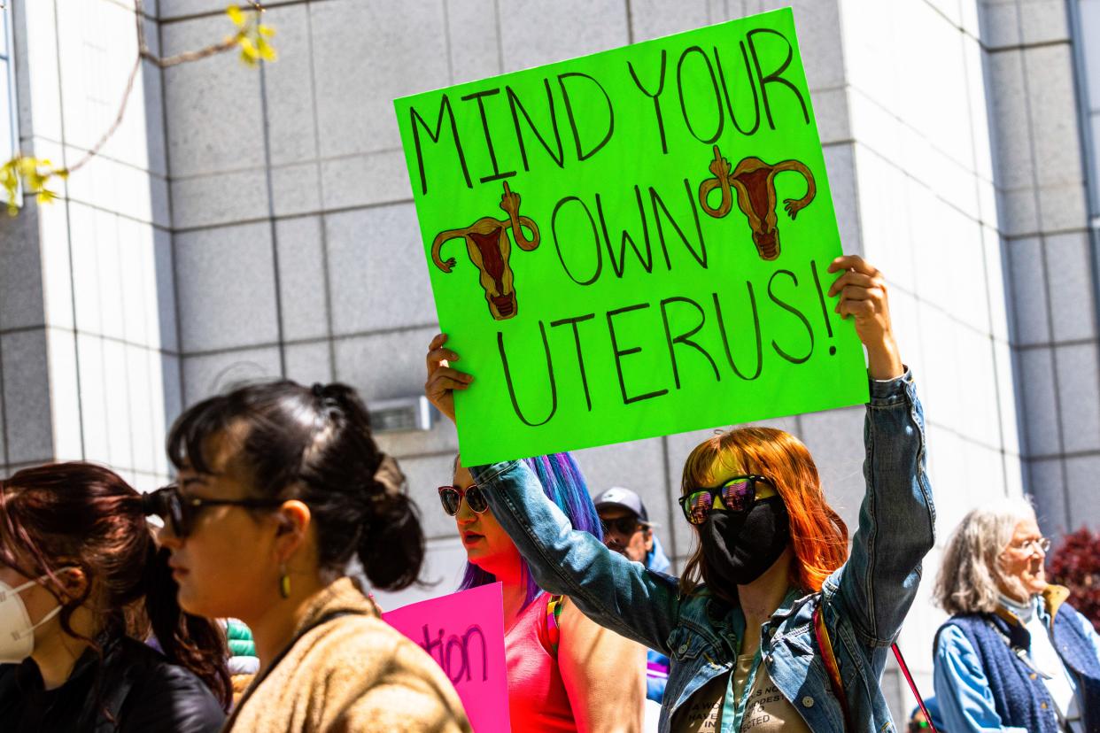 Protesters gathered in front of the federal courthouse in reaction to the leaked Supreme Court of the United States (SCOTUS) document.