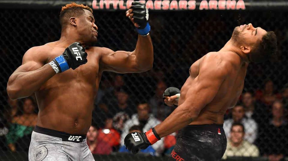 Overeem was out before he hit the canvas after this punch from Ngannou. Pic: Getty