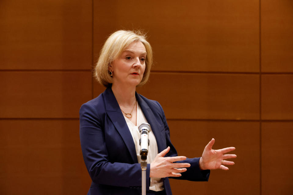 Former British Prime Minister, Liz Truss delivers a speech at a symposium of the Inter-Parliamentary Alliance on China (IPAC), in Tokyo, Japan, February 17, 2023. REUTERS/Androniki Christodoulou