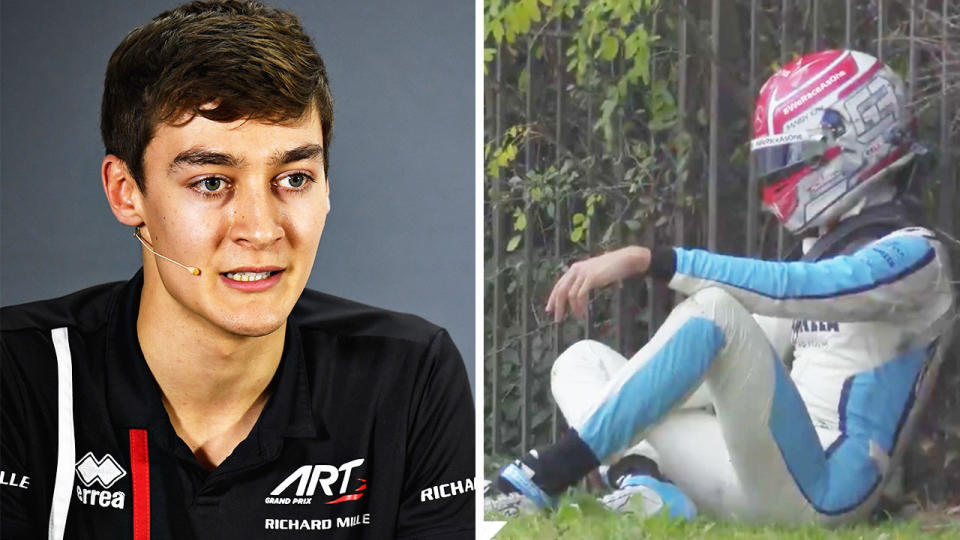 George Russell (pictured left) during a media conference and (pictured right) after crashing out of the F1 on the weekend.