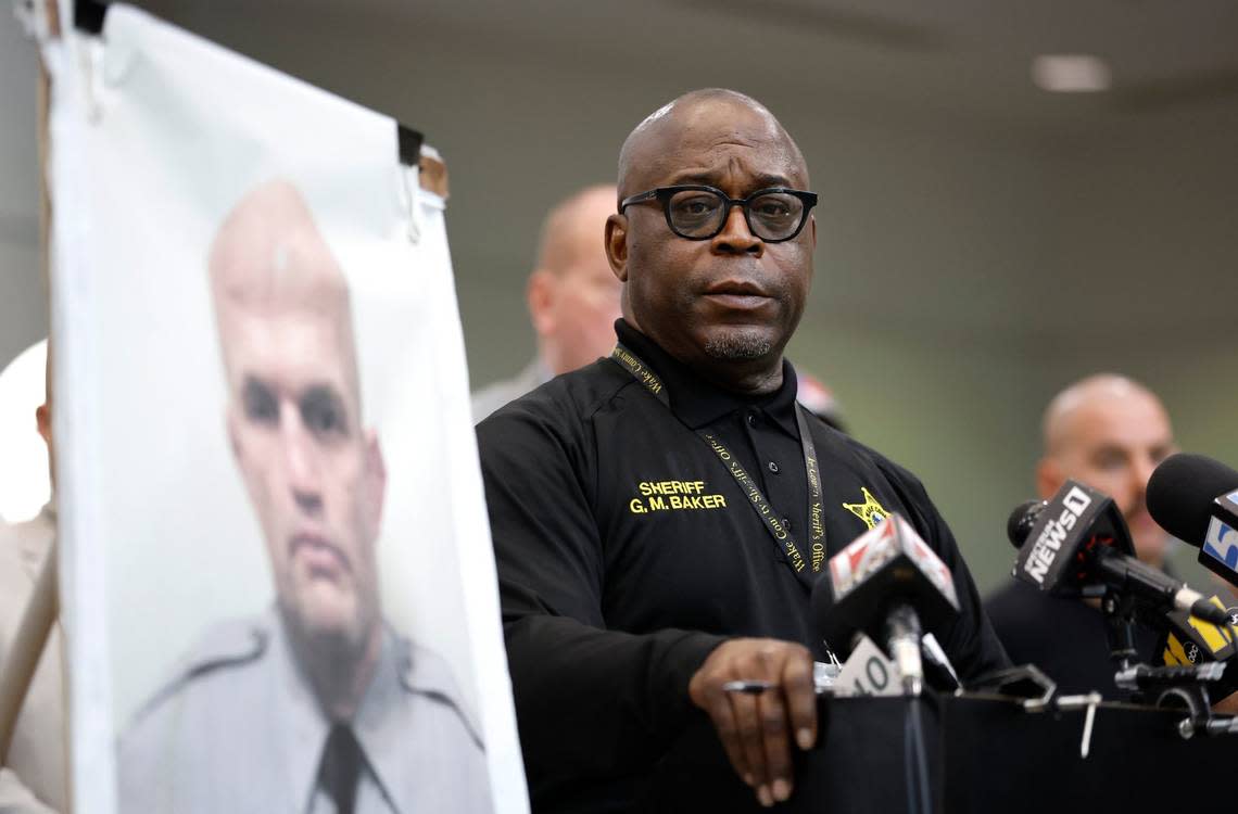 Wake County Sheriff Gerald Baker gives an update on the killing of Wake County Deputy Ned Byrd during a press conference Thursday, August 18, 2022, in Raleigh, N.C.
