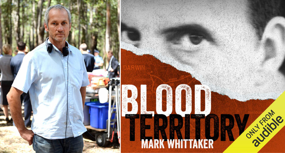 Australian journalist Mark Whittaker (left) heads a podcast investigation called Blood Territory (right is a promotional image for the podcast).