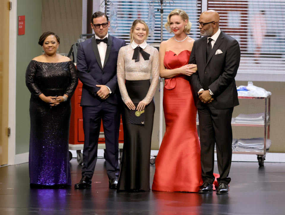 LOS ANGELES, CALIFORNIA - JANUARY 15: (L-R) Chandra Wilson, Justin Chambers, Ellen Pompeo, Katherine Heigl and James Pickens speak onstage during the 75th Primetime Emmy Awards at Peacock Theater on January 15, 2024 in Los Angeles, California. (Photo by Kevin Winter/Getty Images)<p>Kevin Winter/Getty Images</p>