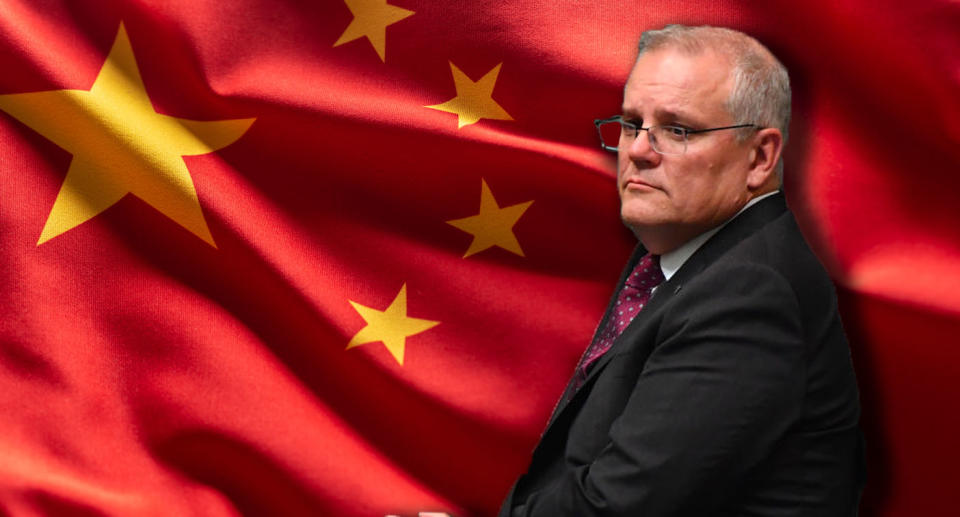 Scott Morrison placed in front of a China flag. The image has been created by Yahoo. 