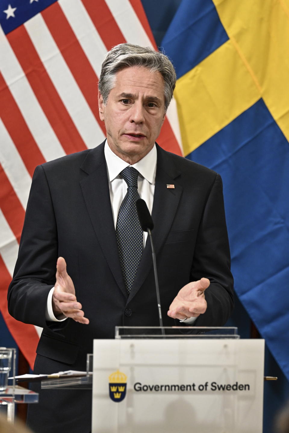 U.S. Secretary of State Antony Blinken speaks during a press meeting in Lulea, Sweden, Tuesday May 30, 2023. Blinken said Tuesday the “time is now” for Turkey to drop its objections to Sweden joining NATO but says the Biden administration also believes that Turkey should be provided with upgraded F-16 fighters “as soon as possible.” (Jonas Ekströmer/TT News Agency via AP)