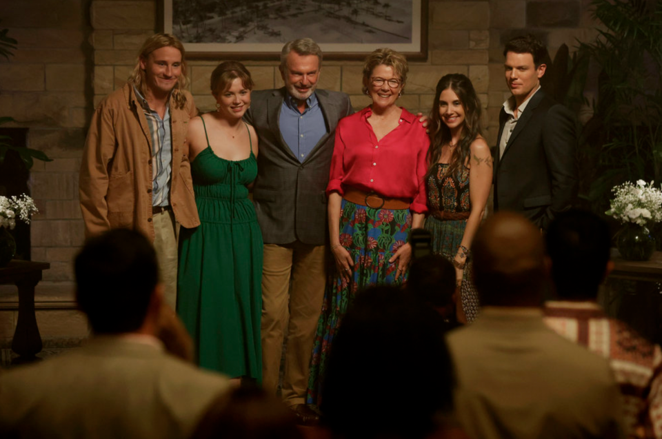 The Delaney family is seen in the first episode of "Apples Never Fall" from Peacock: (from left) Conor Merrigan-Turner as Logan, Essie Randles as Brooke, Sam Neill as Stan, Annette Bening as Joy, Alison Brie as Amy and Jake Lacy as Troy.