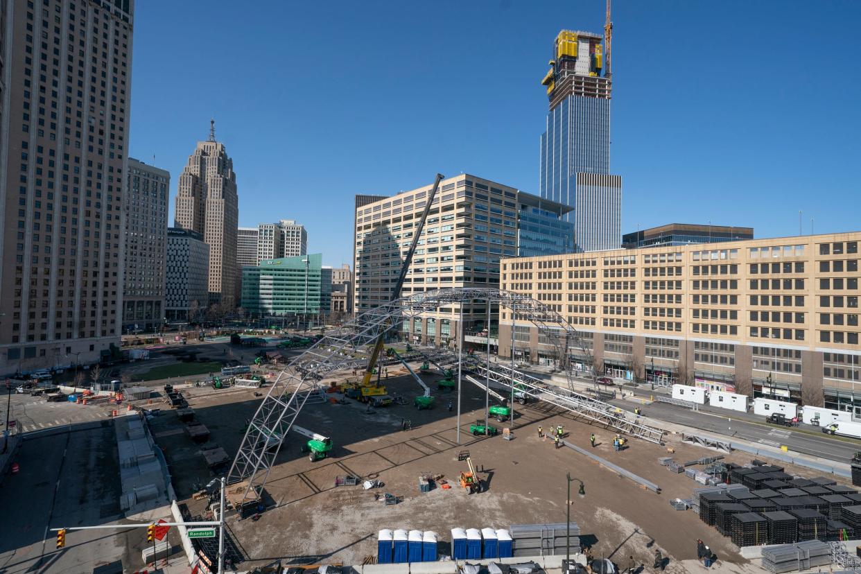 The NFL draft stage set up has begun near Cadillac Square and Campus Martius in Detroit on Monday, April 1, 2024.
