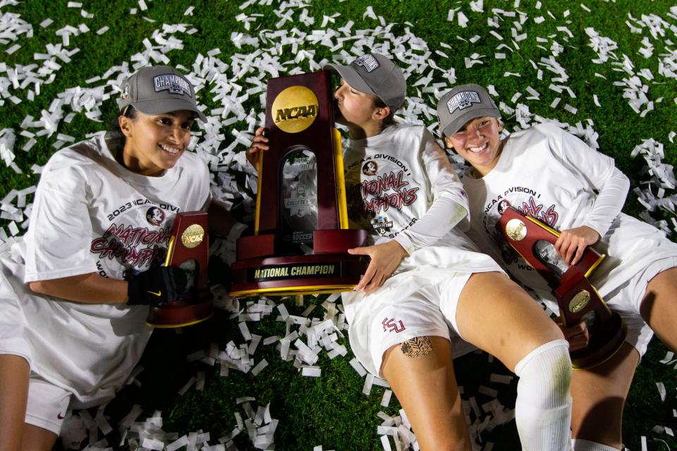The Florida State Seminoles celebrate their victory over the Stanford Cardinal to claim the Women’s College Cup Championship title in Cary, North Carolina on Monday, Dec. 4, 2023.
