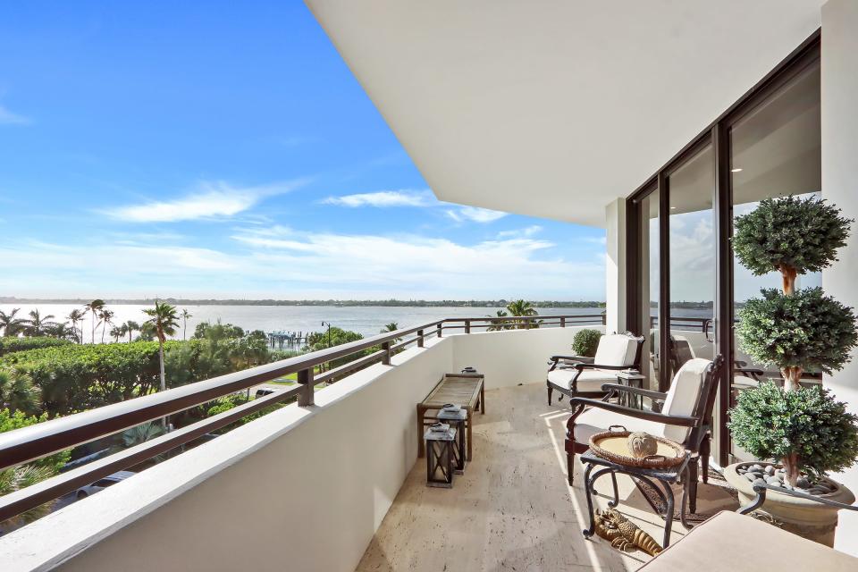 Impact-resistant glass doors in most of the rooms access the balcony, which captures views of the Intracoastal Waterway to the south and west.