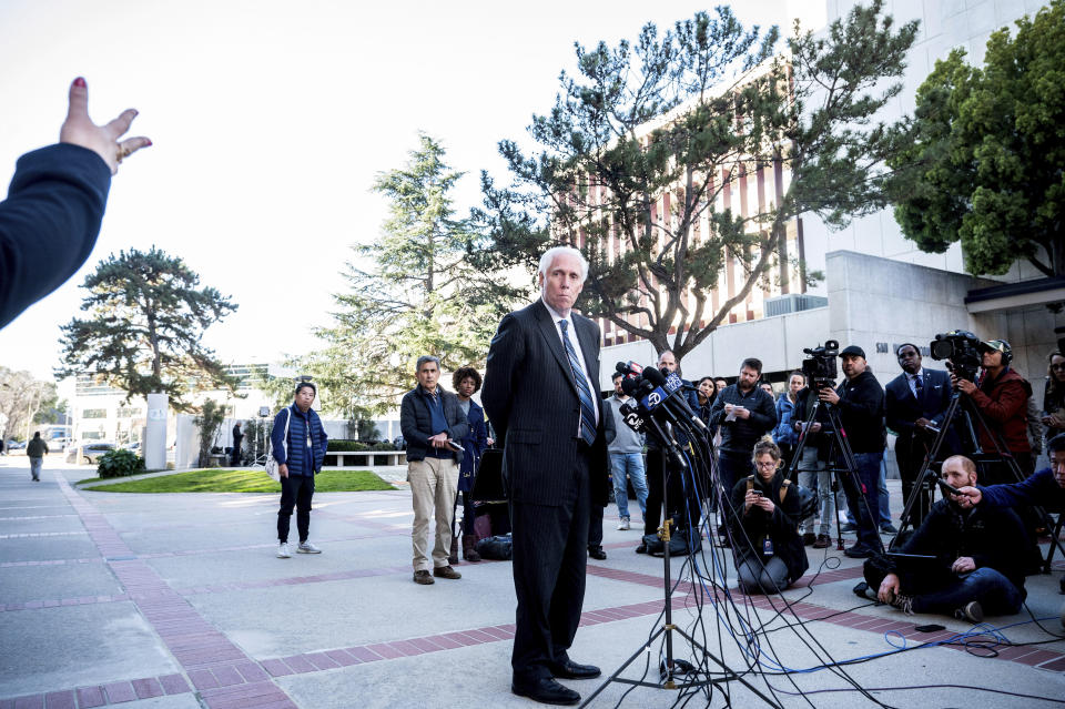 San Mateo County District Attorney Steve Wagstaffe fields questions following Chunli Zhao's arraignment in Redwood City, Calif., on Wednesday, Jan. 25, 2023. Zhao, 66, faces seven counts of murder and one of attempted murder for shootings at two Northern California mushroom farms. (AP Photo/Noah Berger)