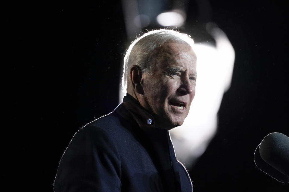 FILE - In this Oct. 26, 2021, file photo President Joe Biden speaks at a rally for Democratic gubernatorial candidate, former Virginia Gov. Terry McAuliffe, Tuesday, Oct. 26, 2021, in Arlington, Va. As Biden and Democrats try to get a roughly $2 trillion package over the finish line, a new poll shows that Biden faces an increasingly pessimistic nation and an underwater approval rating on his handling of the nation’s economy. (AP Photo/Alex Brandon, File)