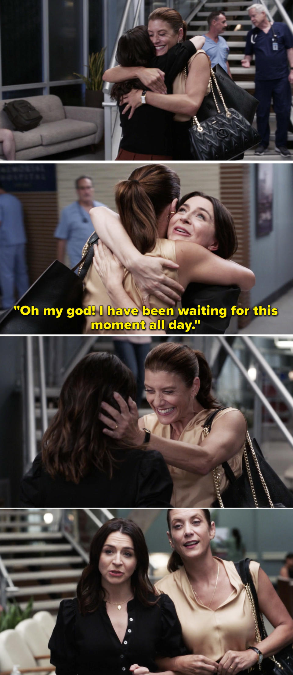 Amelia saying, "Oh my god! I have been waiting for this moment all day" and she and Addison hug