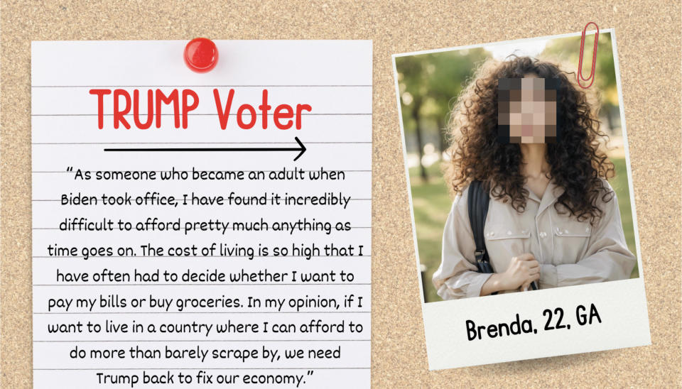 Notecard with photo of Brenda, 22, GA, next to quote: "Cost of living is high. I have to choose between bills and groceries. We need Trump back to fix the economy"
