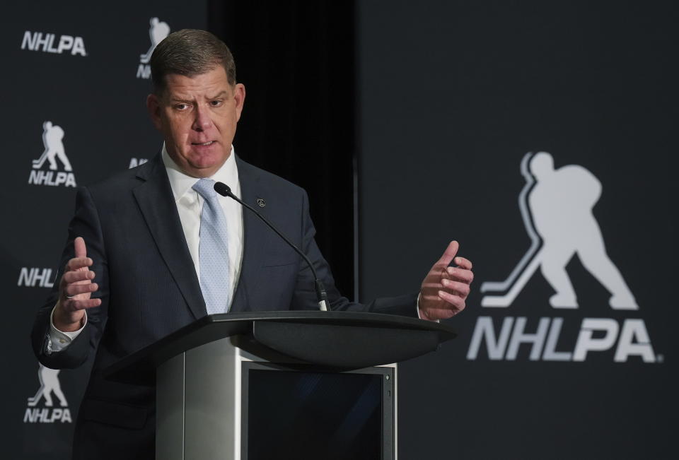 Former U.S. Secretary of Labor Martin Walsh, the new head of the NHL Players' Association, speaks at a hockey press conference in Toronto, Thursday, March 30, 2023. (Nathan Denette/The Canadian Press via AP)