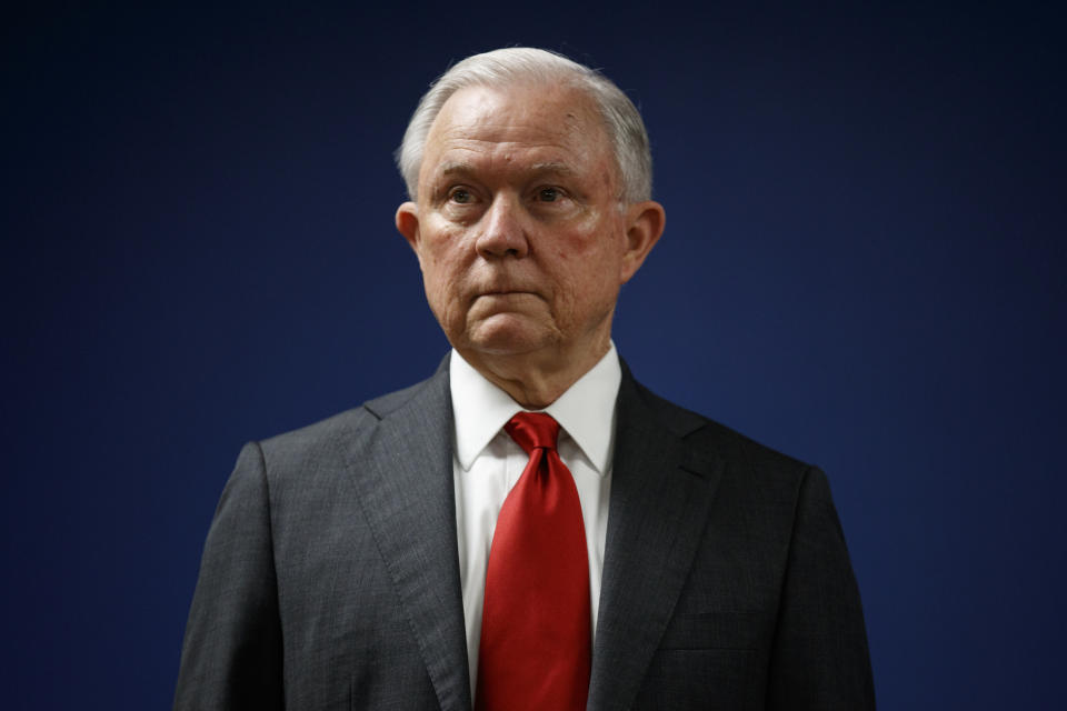 FILE - In this Oct. 15, 2018, file photo, Attorney General Jeff Sessions pauses during a news conference at the U.S. Attorney's Office for the District of Columbia in Washington. (AP Photo/Carolyn Kaster, File)