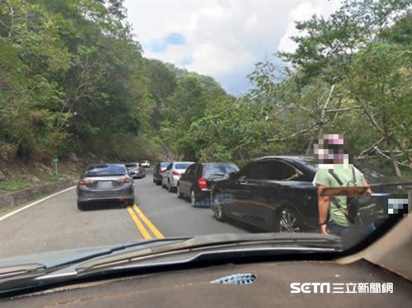 白楊步道入口附近路上停滿車輛，導致用路人被迫逆向。（圖／中橫路況交通資訊站授權提供）