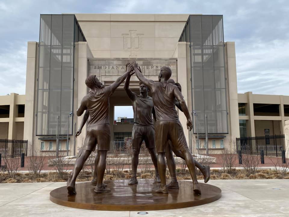 Indiana University South Bend art professor Dora Natella's "The Spirit of Indiana" is at home outside Memorial Stadium in Miller Plaza in Bloomington, Ind.