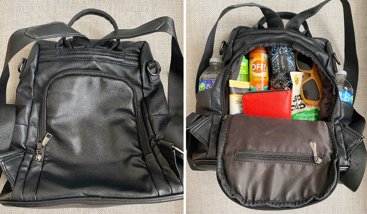 the anti-theft backpack zipped up, and then opened to show how much stuff it can fit inside