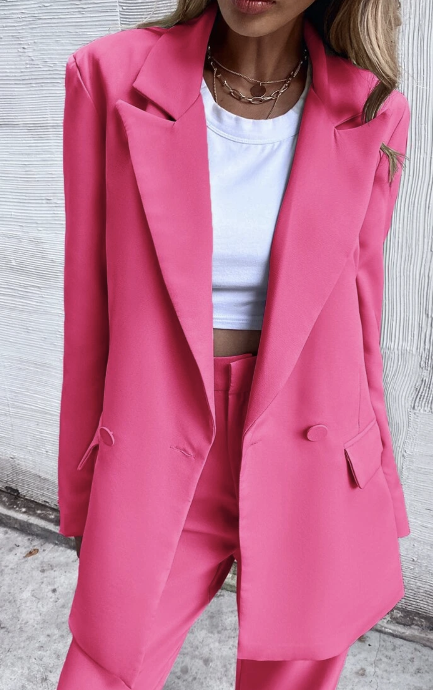 Shein's Double Button Lapel Collar Blazer, $43.95, and matching pants, $29.95. 
