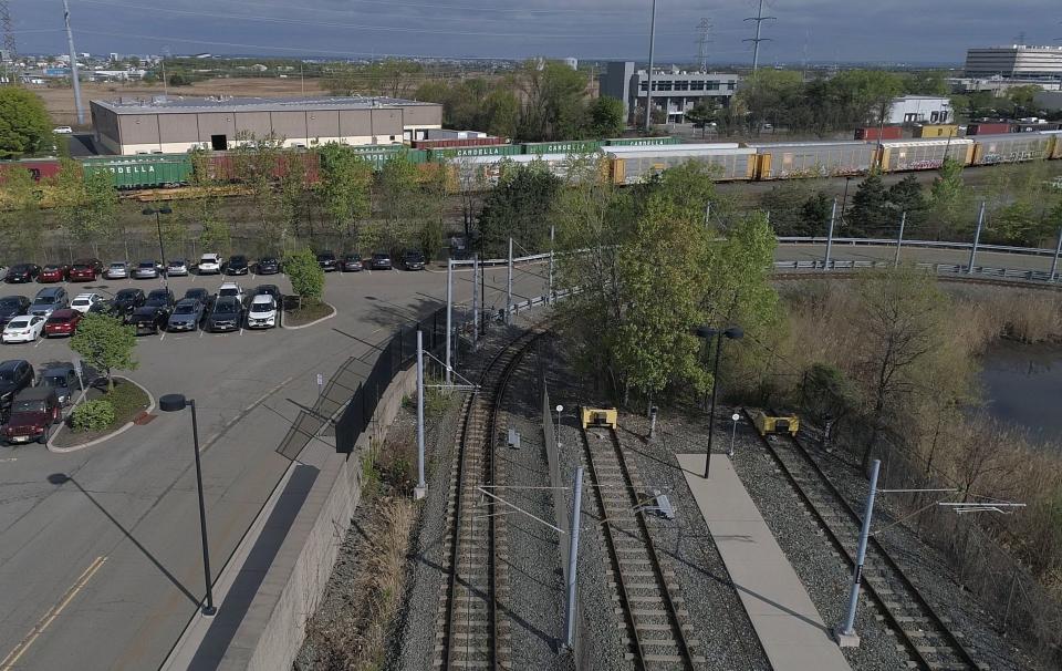 A drone image of the NJ Transit light rail tracks where they come to an end at the Tonnelle avenue station in North Bergen on April 19, 2023.