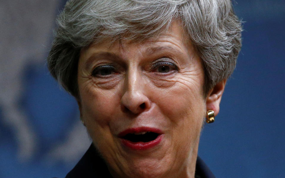 Prime Minister Theresa May making a speech on the state of politics domestically and internationally, at Chatham House in London.