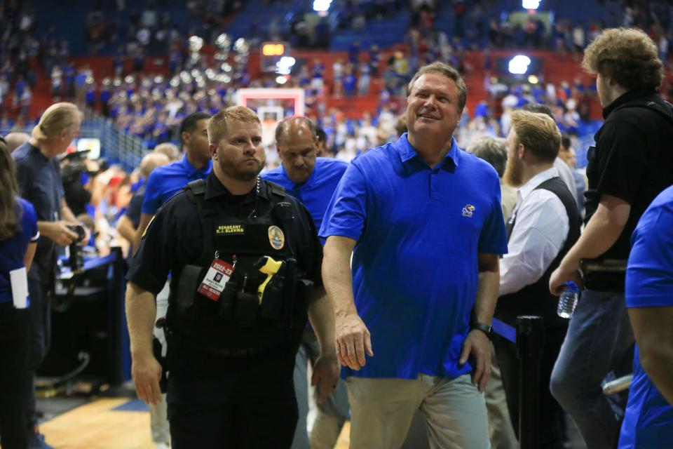 Kansas coach Bill Self walks off the court after defeating Pittsburg State 94-63 at the Jayhawks' exhibition game earlier this season inside Allen Fieldhouse.