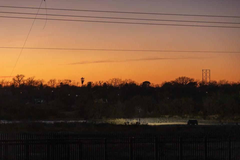 A Texas National Guard humvee is posted at Shelby Park in Eagle Pass, on Jan. 16, 2024. Texas has closed off Shelby Park, cutting access to federal agents to part of the Texas-Mexico border and escalating tensions between the Biden administration and Gov. Greg Abbott.