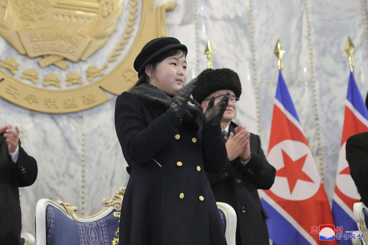 The daughter, reportedly named Kim Ju Ae and aged about 10, of North Korean leader Kim Jong Un attends a military parade to mark the 75th founding anniversary of the Korean People's Army on Kim Il Sung Square in Pyongyang, North Korea Wednesday, Feb. 8, 2023. (Korean Central News Agency/Korea News Service via AP)