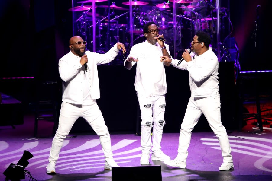 NIAGARA FALLS, ONTARIO – FEBRUARY 21: (L-R) Wanyá Morris, Shawn Stockman, and Nathan Morris of Boyz II Men perform on the OLG Stage at Fallsview Casino Resort on February 21, 2024 in Niagara Falls, Ontario. (Photo by Jeremychanphotography/Getty Images)