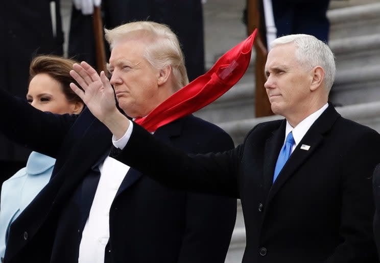 A gust of wind revealed tape on the back of Donald Trump's tie at his Inauguration.