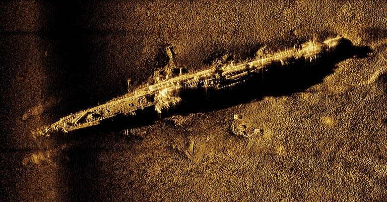 Underwater imagery shows the sunken remains of the German submarine U-853.