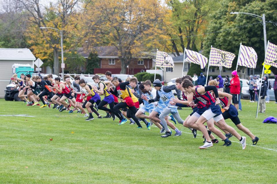 One of the boys heats starts during the NIC-10 cross country meet at Belvidere High School on Saturday in Belvidere.