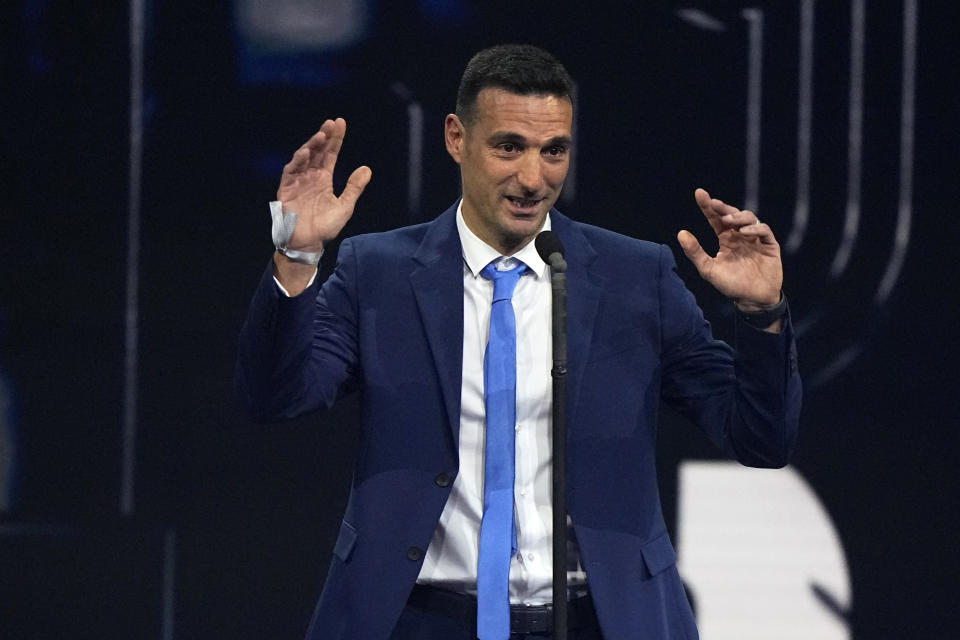 Argentina's coach Lionel Scaloni speaks after receives the Best FIFA Men's Coach award during the ceremony of the Best FIFA Football Awards in Paris, France, Monday, Feb. 27, 2023. (AP Photo/Michel Euler)