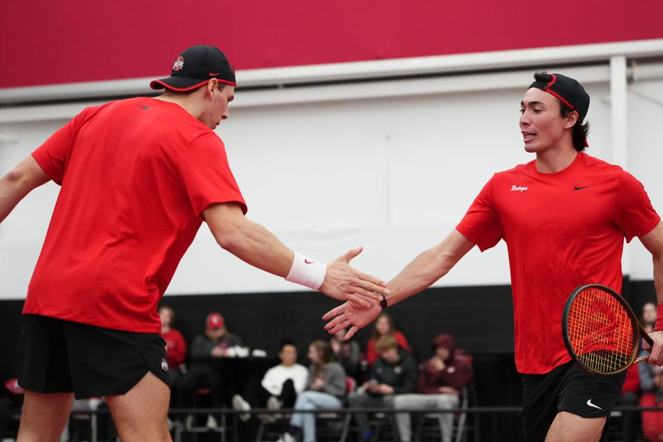 Justin Boulais and Andrew Lutschanig, seen here in a match against South Carolina, won their doubles set Friday against Cleveland State in OSU's 4-0 NCAA first-round win.