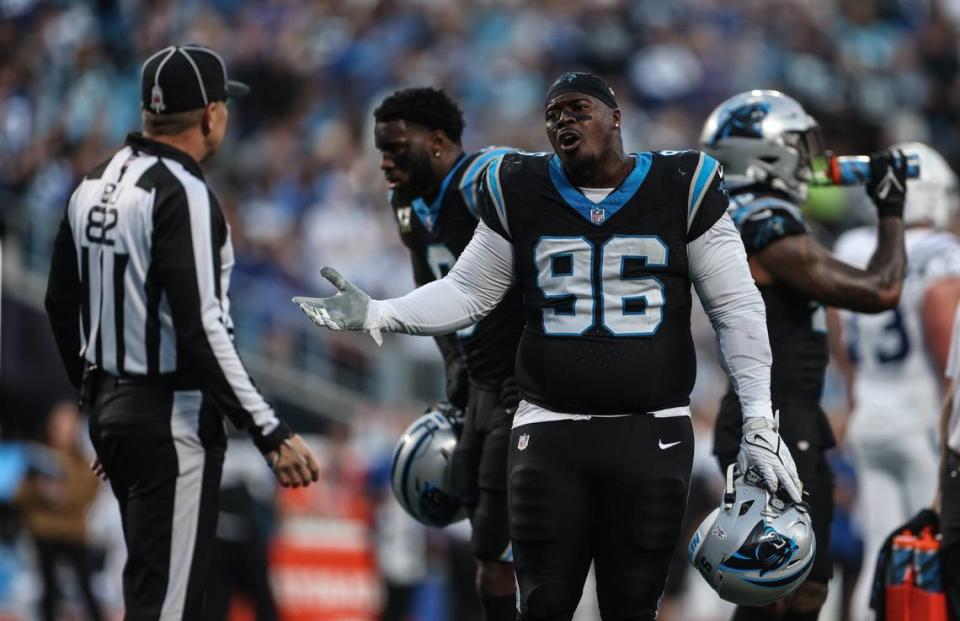 Carolina Panthers defensive tackle DeShawn Williams pleads with a referee at the Bank of America Stadium in Charlotte, N.C., on Sunday, November 5, 2023.