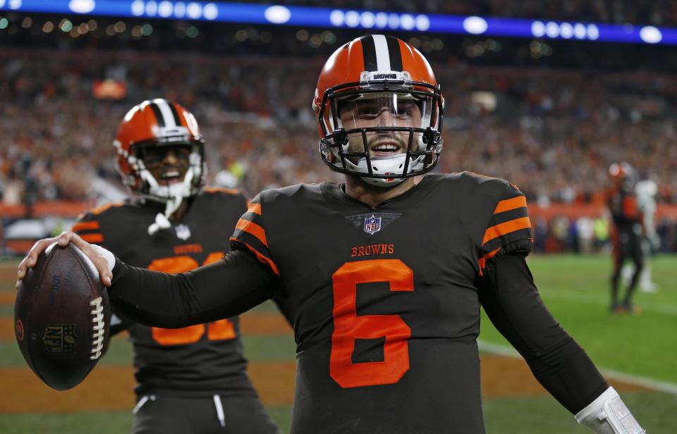 Cleveland Browns quarterback Baker Mayfield celebrates after scoring a 2-point conversion during the second half of an NFL football game against the New York Jets, Thursday, Sept. 20, 2018, in Cleveland. (AP Photo/Ron Schwane)