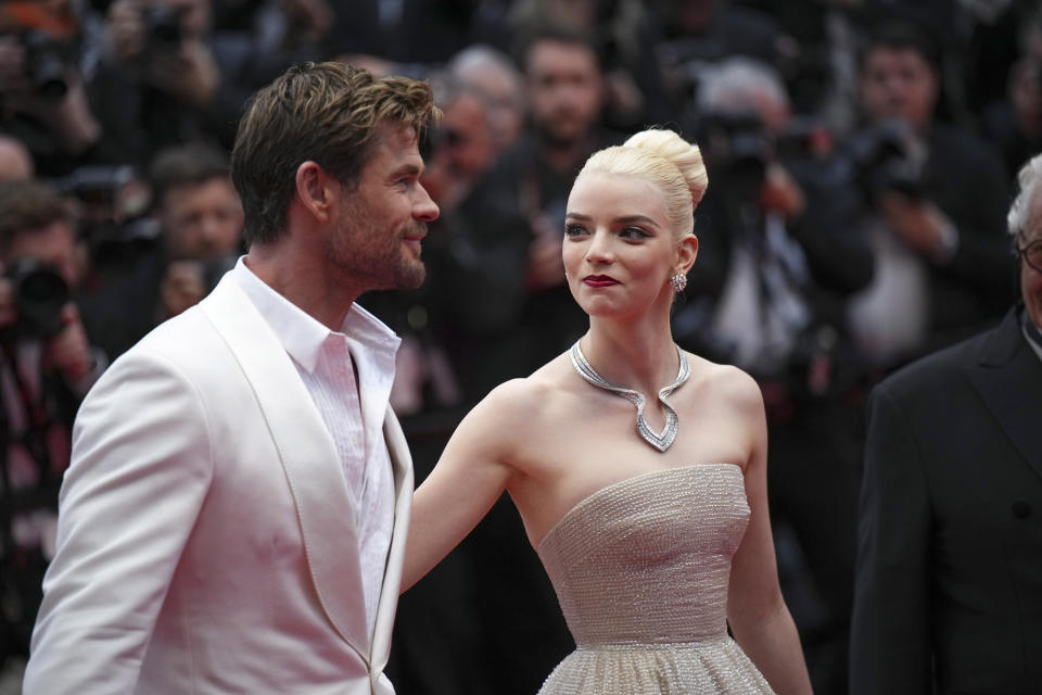 Chris Hemsworth, left, and Anya Taylor-Joy pose for photographers upon arrival at the premiere of the film 'Furiosa: A Mad Max Saga' at the 77th international film festival, Cannes, southern France, Wednesday, May 15, 2024. (Photo by Daniel Cole/Invision/AP)