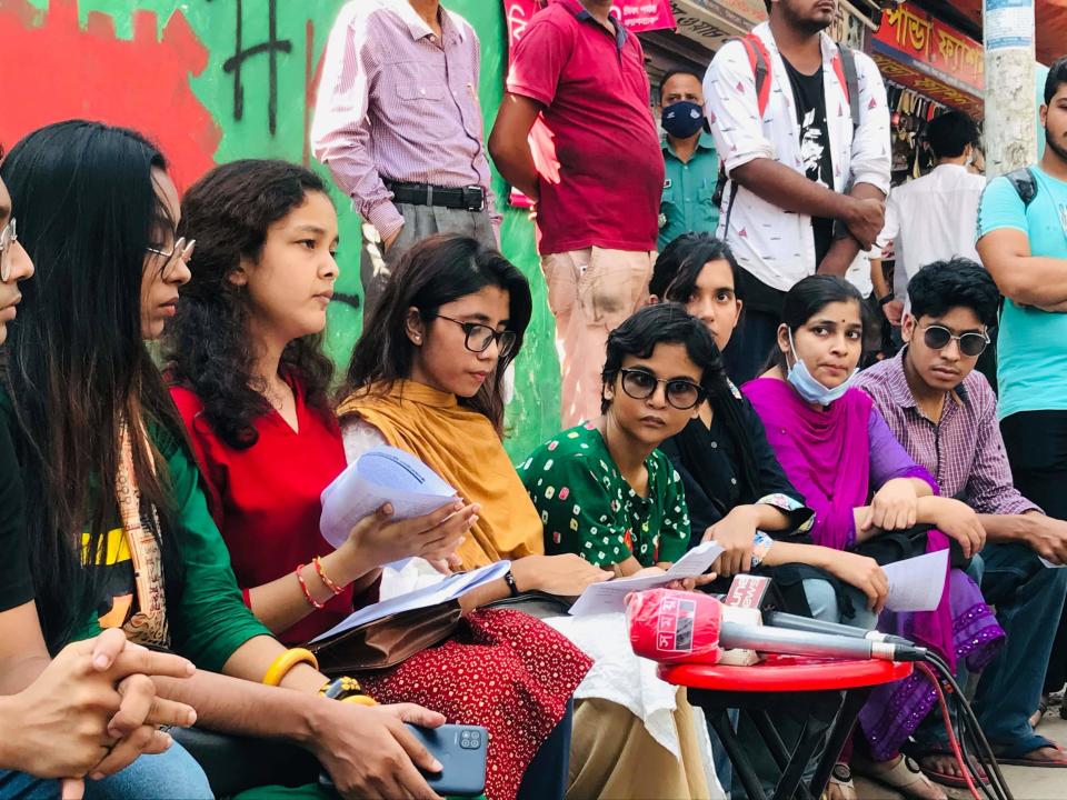Anti-rape campaigner Meera Sushmita (red shirt) holds a news conference with other student protest leaders in Rajshahi, Bangladesh, 150 miles west of Dhaka, on October 11, 2020. 