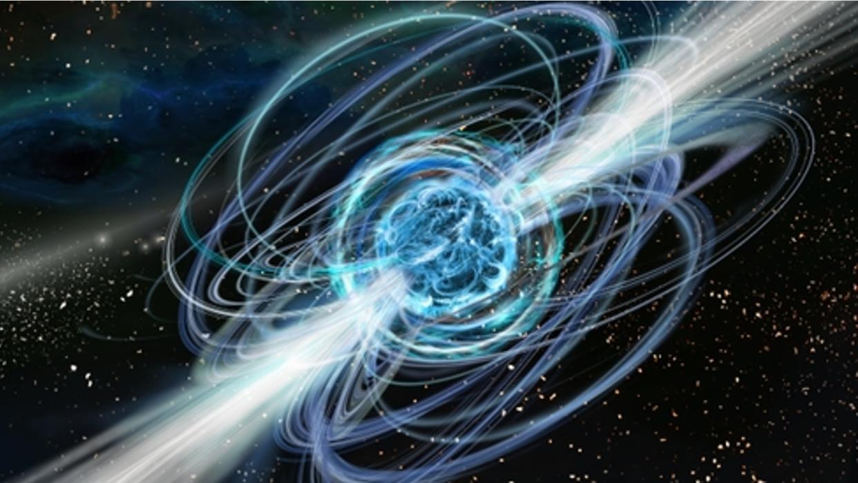 An illustration of a star with a tangled magnetic field shooting out radio waves. 
