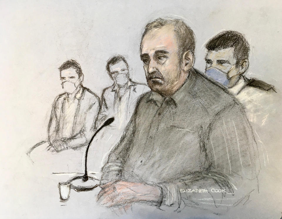 Court artist sketch by Elizabeth Cook of Ian Stewart giving evidence watched by his two sons (left) at Huntingdon Crown Court where he is accused of killing his wife, Diane, 47, at their home in Bassingbourn, Cambridgeshire in 2010. Picture date: Tuesday February 1, 2022.